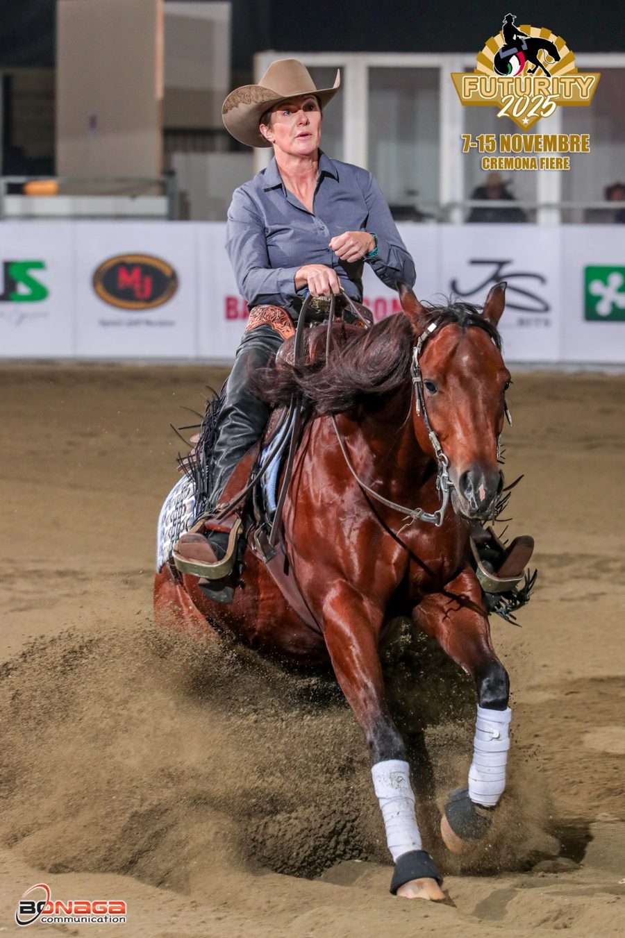 Iris Austin in a sliding stop at the 2025 Italian Futurity in Cremona